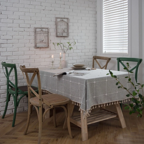 Mantel Bordado Impermeable Estilo Nórdico Con Borlas a Cuadros Poliéster Cubierta de Mesa Rectangular Para Decoración de Comedor