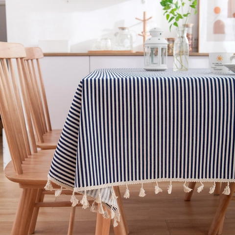 Tovaglia a Righe Nordica Rettangolare in Misto Cotone Lino Copritavolo Con Bordo a Nappe per Sala da Pranzo Picnic Casa