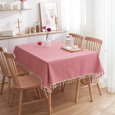 Minimalist Striped Plaid Tablecloth With Tassel Fringe Cotton Linen Blend Dustproof Table Cover For Dining Room Home Decor