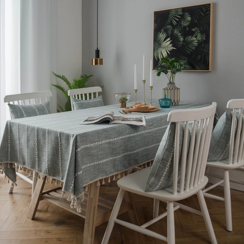 Amerikanische Ländliche Quasten Tischdecke Rechteck Gestickt Baumwolle Leinen Optik Waschbar Staubdicht Home Dining Tisch Deko