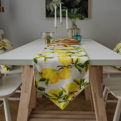 Yellow Lemon Print Table Runner Cotton Linen Fabric Rustic Floral Botanical Kitchen Dining Table Decor Home Party Wedding Decor