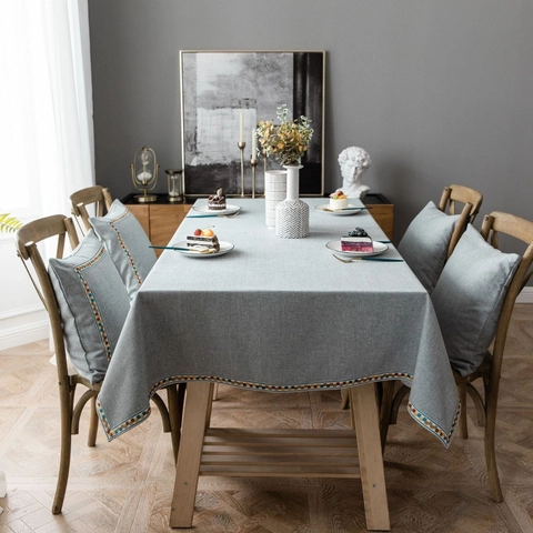 Waterproof Oilproof Synthetic Fiber Tablecloth Modern Simple Rectangular Dining Table Cover With Geometric Embroidered Border Nordic Home Decor