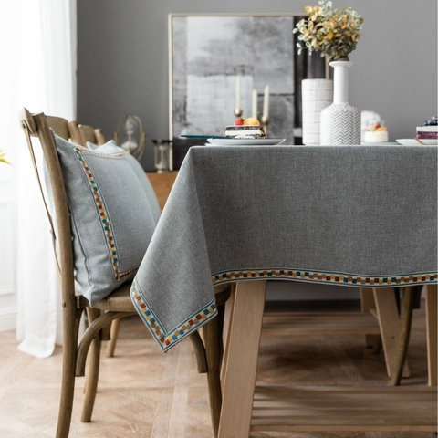 Waterproof Oilproof Synthetic Fiber Tablecloth Modern Simple Rectangular Dining Table Cover With Geometric Embroidered Border Nordic Home Decor