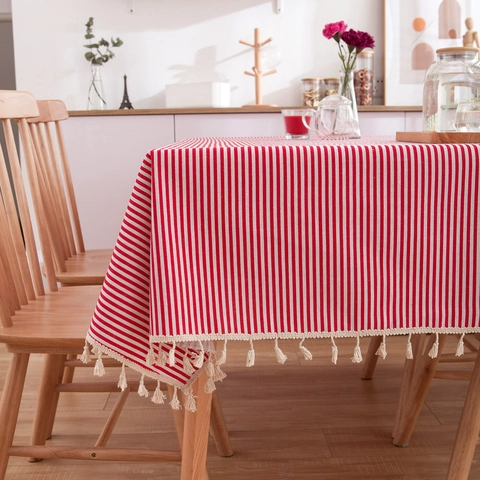 Minimalist Striped Plaid Tablecloth With Tassel Fringe Cotton Linen Blend Dustproof Table Cover For Dining Room Home Decor