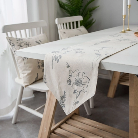 American Rustic Cotton Linen Table Runner Placemats Cushion Covers Sketch Floral Bee Print For Farmhouse Home Dining Decor