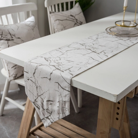Chemin de Table en Mélange de Coton Motif Marbre Minimaliste Moderne Nappe Imprimée de Style Nordique pour Décoration de Salle à Manger