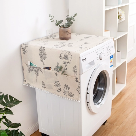 Copertura Antipolvere per Lavatrice e Frigorifero in Misto Cotone Con Stampa Floreale Schizzo Ape Nappe con Pompon e Tasche