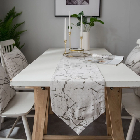 Chemin de Table en Mélange de Coton Motif Marbre Minimaliste Moderne Nappe Imprimée de Style Nordique pour Décoration de Salle à Manger