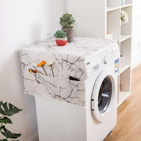 Modern Cotton Linen Washing Machine Cover Refrigerator Top Dust Cover With Side Storage Pockets Marble Pattern Top Dust Cloth With Pom-pom Tassel Appliance Protector