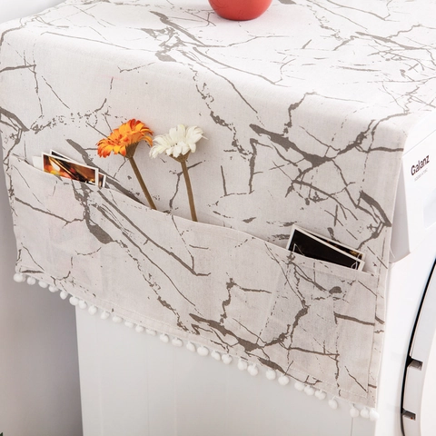 Modern Cotton Linen Washing Machine Cover Refrigerator Top Dust Cover With Side Storage Pockets Marble Pattern Top Dust Cloth With Pom-pom Tassel Appliance Protector