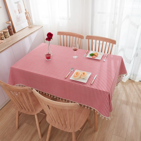 Checkered Cotton Linen Tablecloth With Tassels Red Blue Striped Rectangle Square Table Cover For Dining Room Kitchen Decor
