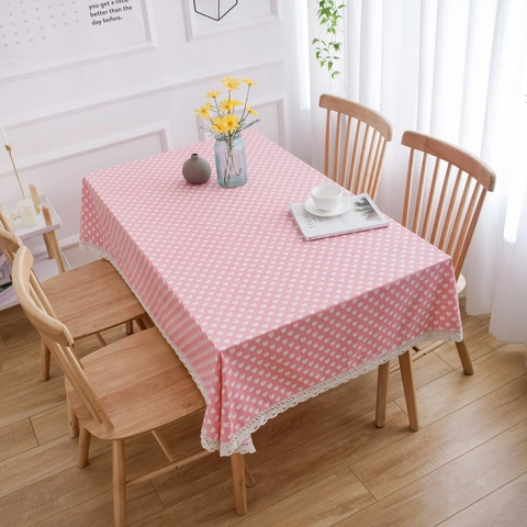 Pastoral Pink Heart Printed Rectangular Tablecloth With White Lace Trim Cotton Linen Blend Home Dining Table Decoration Cover