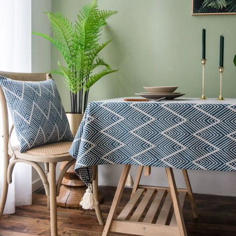 Wasserdichte Jacquard Tischdecke im Amerikanischen Landhausstil mit Quasten Geometrisches Fischgrätenmuster Esszimmertisch Abdeckung