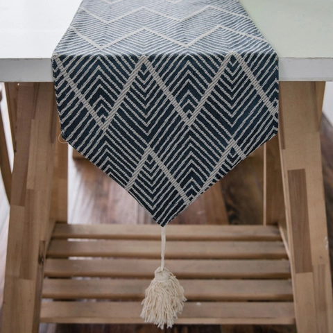 Chemin de Table Nordique Jacquard Géométrique Avec Glands Polyester Coton Décoration de Table Moderne Minimaliste