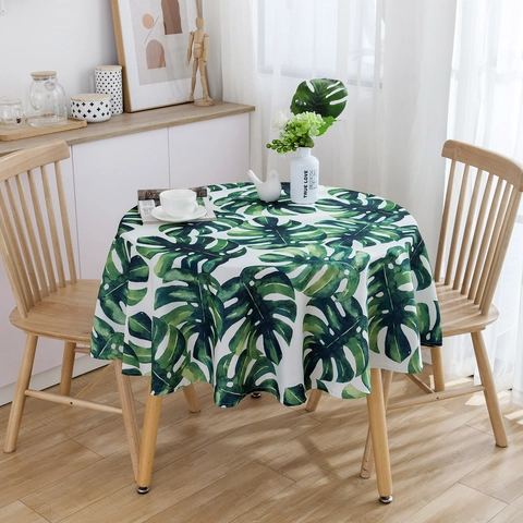 Tovaglia Rotonda in Cotone Impermeabile Con Motivo a Foglie di Monstera Copritavolo Verde Pastorale Per Sala Da Pranzo Cucina