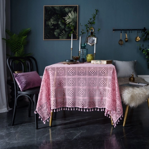 Vintage Amerikanische Handgehäkelte Baumwolle Tischdecke Rosa Grün Hohl Geschnittene Spitze Tischdecke Mit Quasten Für Haus Deko