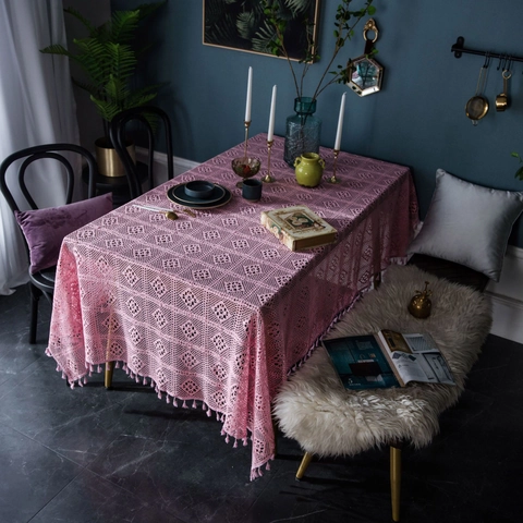 Vintage Amerikanische Handgehäkelte Baumwolle Tischdecke Rosa Grün Hohl Geschnittene Spitze Tischdecke Mit Quasten Für Haus Deko