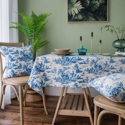 Französische Vintage Toile de Jouy Bedruckte Tischdecke Blau Weiß Baumwolle Leinen Mischung Pastorale Szenerie Tischabdeckung