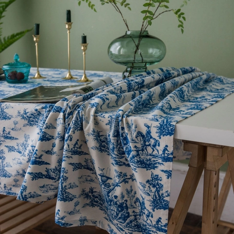 Französische Vintage Toile de Jouy Bedruckte Tischdecke Blau Weiß Baumwolle Leinen Mischung Pastorale Szenerie Tischabdeckung