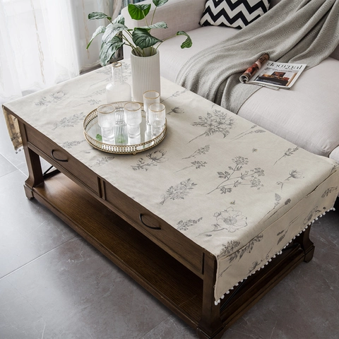 Moderne Minimalistische Polyester Baumwoll Tischdecke Mit Pompon Besatz Seitentaschen Bedruckt Marmor Geometrisches Muster Couchtisch Decke
