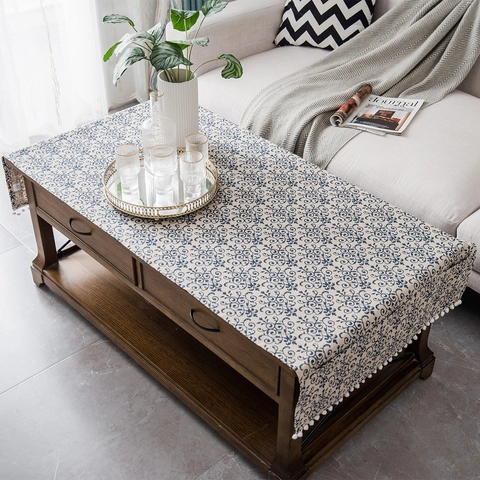 Moderne Minimalistische Polyester Baumwoll Tischdecke Mit Pompon Besatz Seitentaschen Bedruckt Marmor Geometrisches Muster Couchtisch Decke