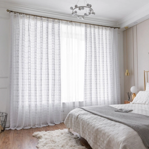 Vintage American Country White Cotton Crochet Hollow Out Lace Curtain Light Transmitting Window Drapes For Bedroom Living Room