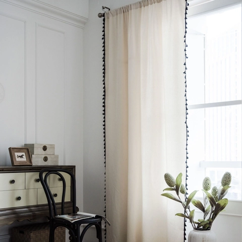 American Retro Solid Color Cotton Curtain With Black Pom Pom Tassel For Living Room Bedroom Shading Window Treatment Decor
