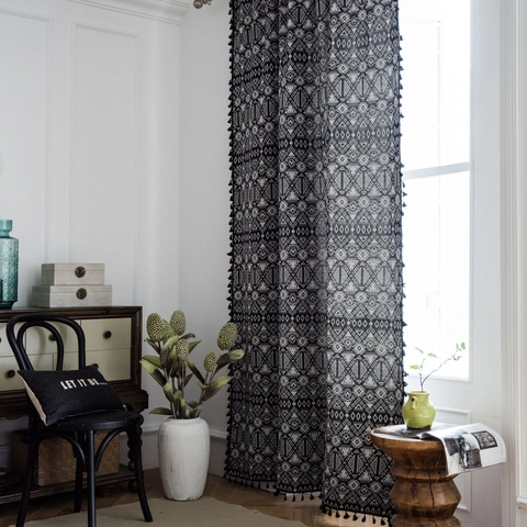 Bohemian Geometric Jacquard Window Curtains With Black Tassels Rustic American Style Polyester Fabric Curtains For Kitchen Dining Room