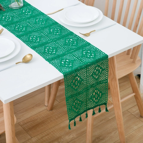 Retro Handmade Crochet Lace Table Runner With Tassels Hollow Out Floral Cotton Blend Tablecloth For Wedding Dining Decor