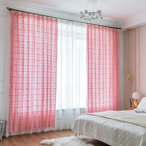 Katoen Gehaakt Hol Gordijn Retro Amerikaanse Stijl Lichtdoorlatend Kant Paneel Met Kwastjes Slaapkamer Decoratie