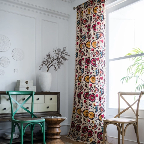 Boho Mandala Katoen Linnen Gordijn Met Kwastjes Vintage Suzani Semi-verduisterend Keuken Cafe Gordijnen Huisdecoratie