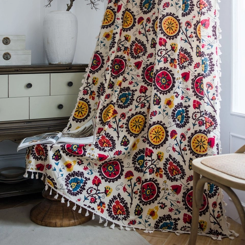 Boho Mandala Katoen Linnen Gordijn Met Kwastjes Vintage Suzani Semi-verduisterend Keuken Cafe Gordijnen Huisdecoratie