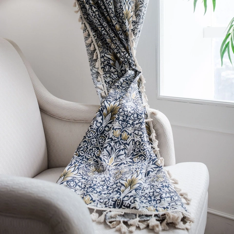 Vintage Morris Style Floral Cotton Linen Curtains Rod Pocket Grommet Hook Semi Blackout Window Treatments Tassels American Rural