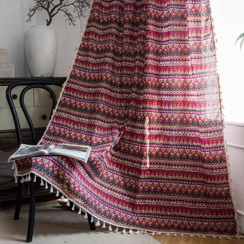 Bohemian Red Geometric Cotton Window Curtain Semi-Blackout Printed Drape With Tassels For Kitchen Living Room Home Decor