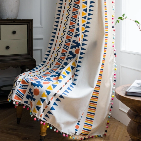 Bohemian Cotton Linen Curtains Colorful Geometric Printed Pom Poms Fringe American Country Style Window Treatments For Living Room