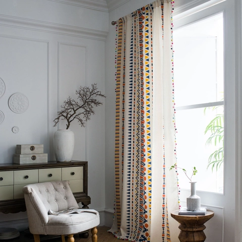 Bohemian Cotton Linen Curtains Colorful Geometric Printed Pom Poms Fringe American Country Style Window Treatments For Living Room
