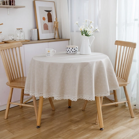 Nappe Ronde en Coton et Lin Style Japonais Imprimé Marguerite Motif Grille Couverture de Table Décorative Avec Bordure en Dentelle