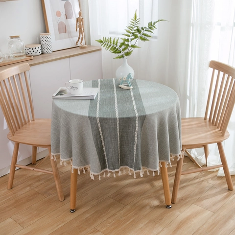Japanischer Stil Runde Baumwolle Tischdecke Mit Quasten Grau Kaffee Gestreift Tischbedeckung Für Esstisch Couchtisch Deko