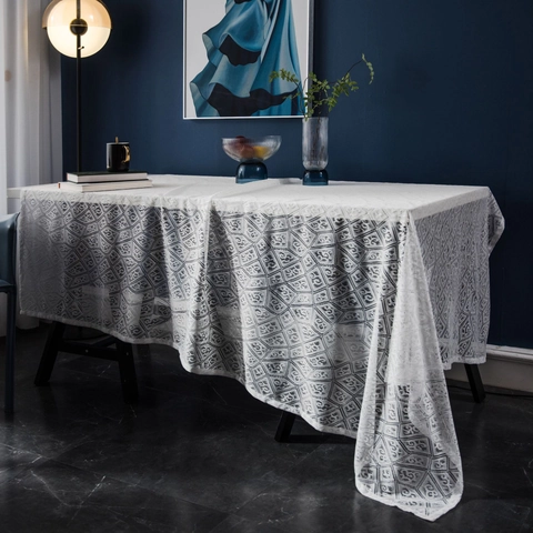Modern Minimalist White Lace Tablecloth Hollow Geometric Diamond Jacquard Rectangular Table Cover For Wedding Party Home Decor