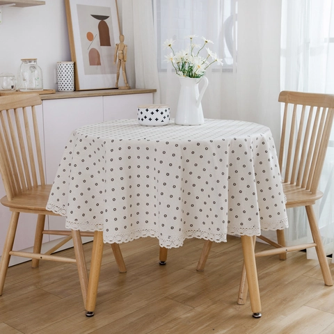 Japanese Style Cotton Linen Round Tablecloth Daisy Print With Lace Edge Heat Resistant Rustic Grid Dining Table Decor