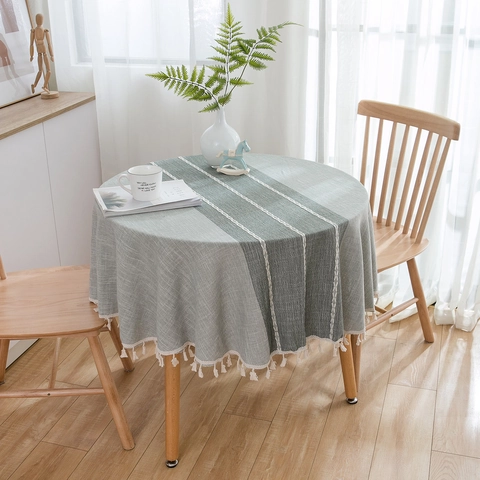 Japanischer Stil Runde Baumwolle Tischdecke Mit Quasten Grau Kaffee Gestreift Tischbedeckung Für Esstisch Couchtisch Deko