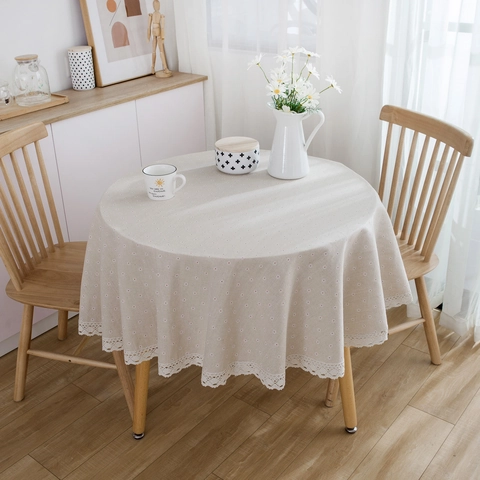 Nappe Ronde en Coton et Lin Style Japonais Imprimé Marguerite Motif Grille Couverture de Table Décorative Avec Bordure en Dentelle