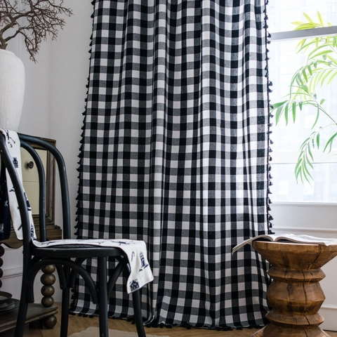 Cortina de Algodón y Lino a Cuadros Blanco y Negro Estilo Americano Con Borlas de Pompones Semisombra para Comedor
