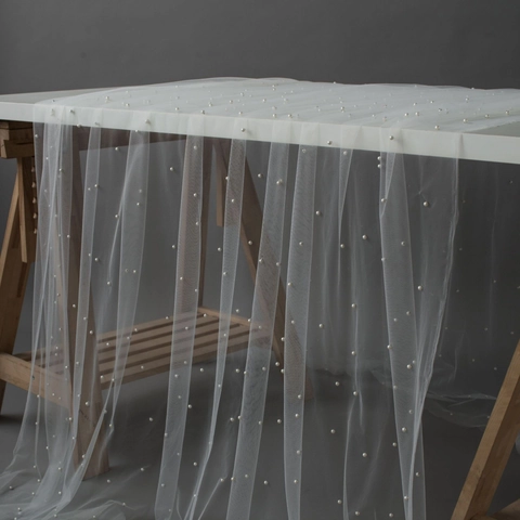 White Sheer Mesh Tablecloth With Artificial Pearl Decoration Photography Background Dessert Table Backdrop Wedding Party Home Decor