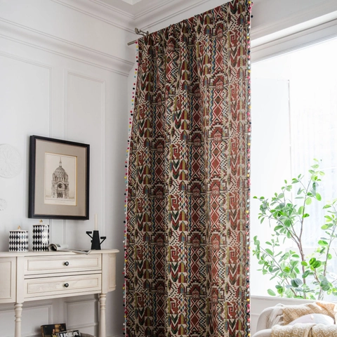 Bohemian Colorful Geometric Jacquard Curtains Polyester Cotton With Pom-pom Trim Window Treatment For Home Living Room Decor