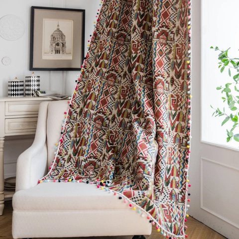 Bohemian Colorful Geometric Jacquard Curtains Polyester Cotton With Pom-pom Trim Window Treatment For Home Living Room Decor