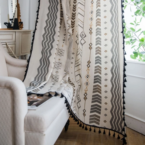 Cortinas de Algodón Lino Con Estampado Geométrico Bohemio Con Borlas Negras Patrón Tribal Para Dormitorio Sala De Estar