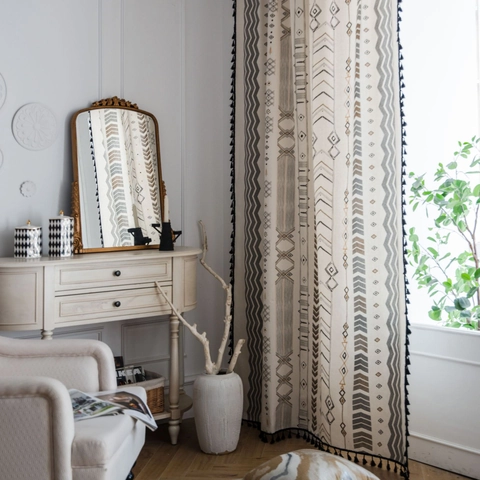Cortinas de Algodón Lino Con Estampado Geométrico Bohemio Con Borlas Negras Patrón Tribal Para Dormitorio Sala De Estar