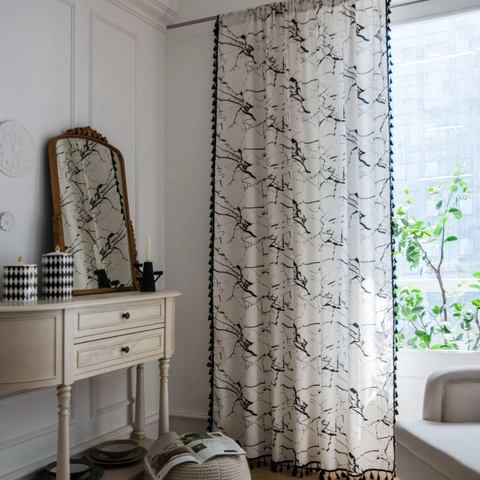 American Marble Print Window Curtain With Tassel Trim White Black Rod Pocket Grommet Semi-shading Kitchen Bay Window Drape