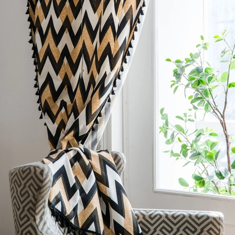 Bohemian Chevron Printed Cotton Curtain With Black Tassels American Style Semi-Blackout Window Treatment For Living Room Bedroom